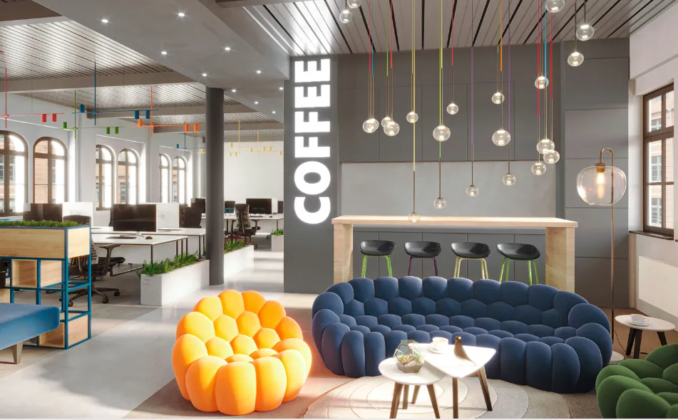 Co-Working-Lounge in den LUX Cubes in Berlin mit farbenfrohem Design